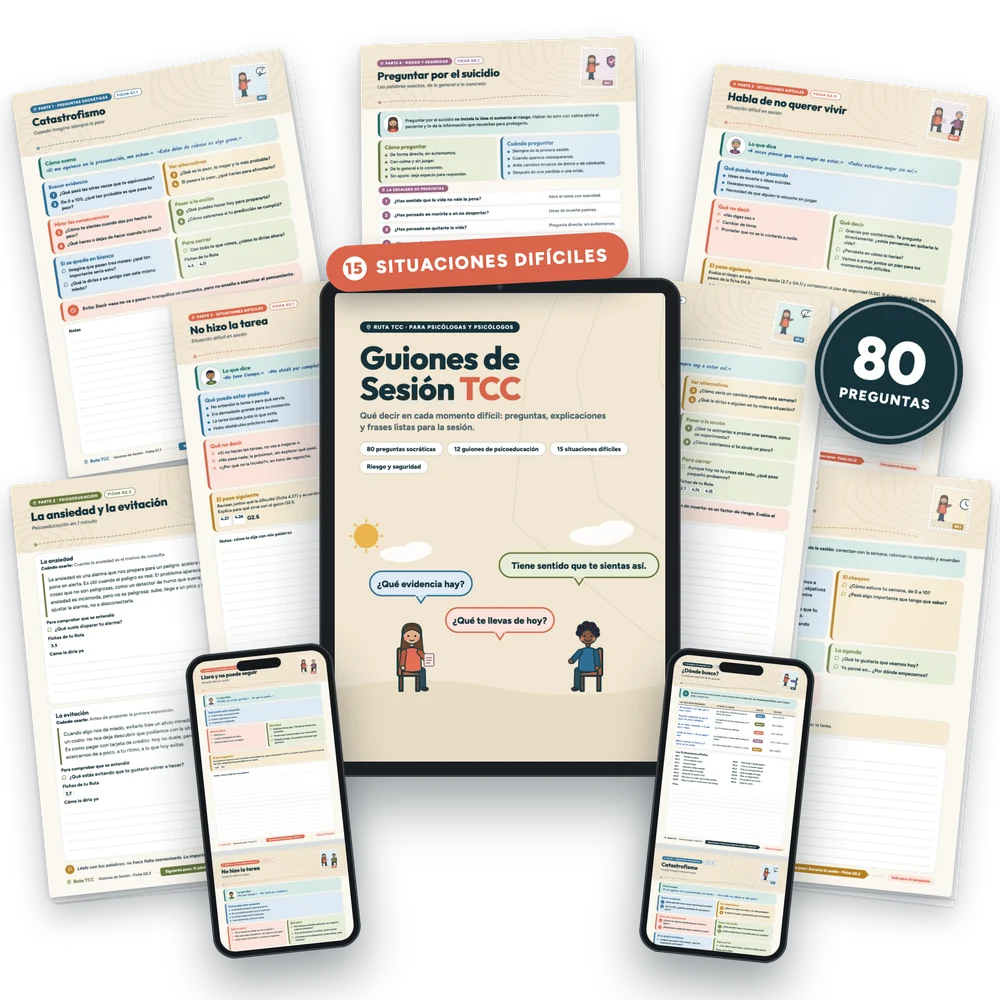 Guiones de Sesión TCC en tablet, celular e impresos